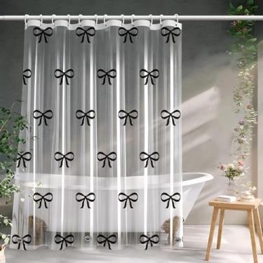 Imagem de Forro de cortina de chuveiro de laço preto transparente, forro de cortina de chuveiro transparente de plástico EVA com design, 72 x 72 ilhós, à prova d'água, lindo laço preto, translúcido, conjunto de