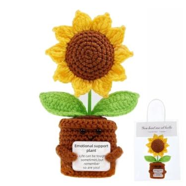Imagem de YiQiYi Girassol de crochê positivo com cartão flores artísticas, suporte emocional, planta de pelúcia, girassóis, girassóis, casa, escritório, decoração de carro para presentes doces (girassol)