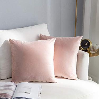 Imagem de Stellhome Capas de almofada de veludo super macias capas de almofada quadradas para cama de berçário sofá sofá, 66 x 66 cm (65 cm), rosa, pacote com 2