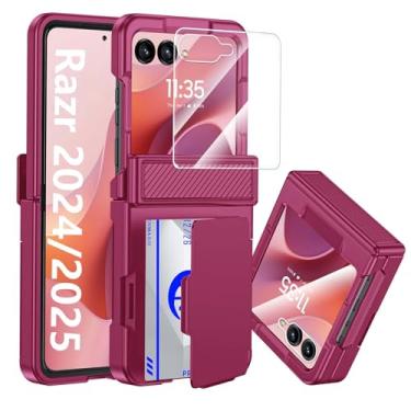 Imagem de CENMASO Capa para Motorola Razr 2025/Razr 2024 com suporte para cartão [bloqueio RFID] e proteção de dobradiça e protetor de tela, capa de telefone robusta antiarranhões à prova de choque para Moto