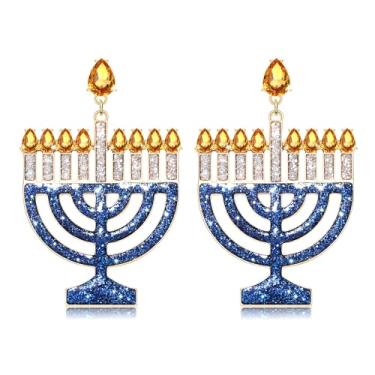 Imagem de Brinco de Hanukkah para mulheres com contas Dreidel Menorá Estrela de Davi brincos de strass Chanucá brincos pendentes de feriado judaico Hanukkah acessórios de joias presentes, Zinco, Cristal