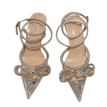 Imagem de Scarpin Feminino Luxo com Strass, Vinil Transparente e Bico Fino, Salto Médio Fino 7cm, Laço com Brilho para Festa (Transparente, BR, Adulto, Numérico, 39)