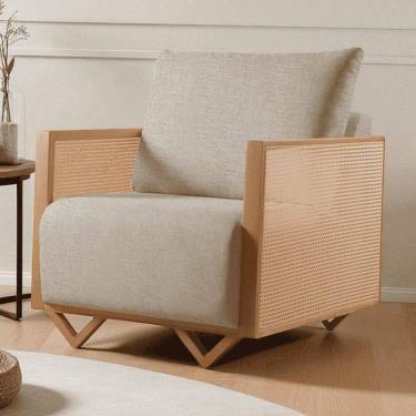 Imagem de Poltrona para Sala de Estar Madeira Maciça Palha Rattan Arthur Bege