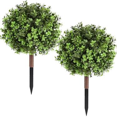 Imagem de LUWENER Arbusto de topiaria artificial de buxo de 59 cm, pacote com 2 bolas de topiaria artificial resistente a UV, com pontas no chão, plantas em vasos internos e externos para varanda, jardim