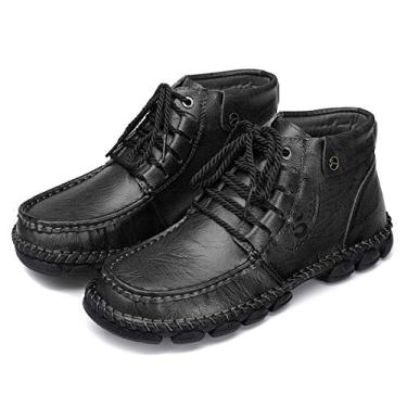 Imagem de Bigfanshu Botas de couro para homens, botas de inverno masculinas com pele sem cadarço, sapatos casuais largos, confortáveis, sapatos elegantes e respiráveis para dirigir, sapatos de caminhada de barco, tênis rasos feitos à mão, Preto, 44 BR G