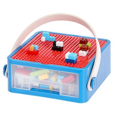 Imagem de JUXYES Caixa de armazenamento portátil para pequenos tijolos de blocos de construção com bandeja de construção, recipientes de armazenamento empilháveis, estojo de transporte de viagem para pequenos