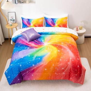 Imagem de Btargot Conjunto de edredom super macio, 6 peças, com estampa de estrela de arco-íris com glitter colorido, para meninos, meninas, adolescentes, solteiro, vermelho e azul