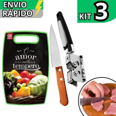 Imagem de Kit 3 Peças Tábua Decorada Faca em Inox Cabo de Madeira N8 e Afiador d