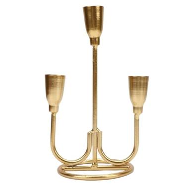 Imagem de Diydeg Castiçal com 3 braços para centro de mesa, candelabro de ferro para decoração de Natal, casamento ou lareira, para velas com diâmetro inferior a 2,3 cm (Ouro)