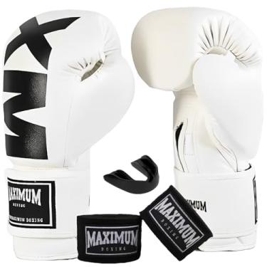 Imagem de Kit Luva De Boxe Muay Thai Maximum MXM Branca + Bandagem 3m + Protetor Bucal (12oz)