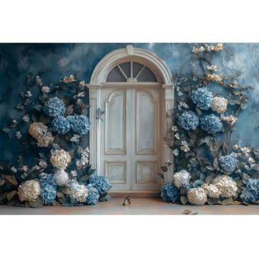 Imagem de YongFoto Fundo de parede azul vintage com arco para porta, 2,1 x 1,5 m, flor, borboleta, fotografia, aniversário, nupcial, chá de bebê, festa de casamento, banner, decoração de quarto, retratos