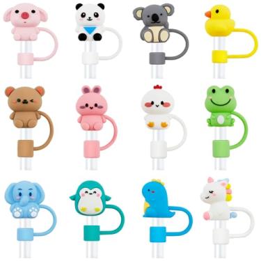 Imagem de 12 peças de topo de palha de silicone para copos Stanley, capas de animais fofos reutilizáveis 3D decoração para copos de 40 e 850 g com canudos de 10 mm de diâmetro