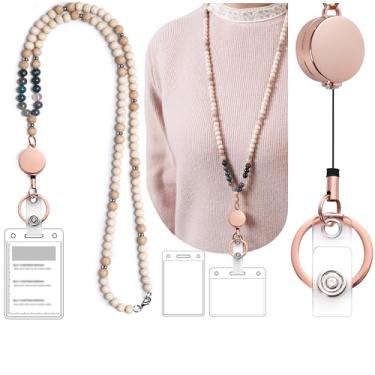 Imagem de Lindos cordões femininos para crachá de identificação, cordão de professor com suporte de identificação e carretel retrátil para chaves, cordão de madeira com contas