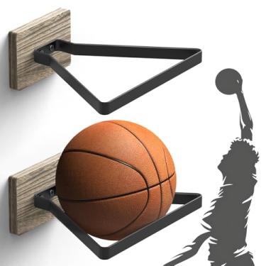 Imagem de MYKASEN Suporte de parede de basquete com base de madeira, suporte de armazenamento de bolas para basquete, futebol, vôlei, rúgbi, decoração esportiva para meninos para quarto de casa (triângulo)