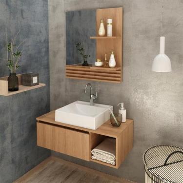 Imagem de Kit Gabinete para Banheiro com Cuba e Espelheira Ripada Amêndoa - Tecn