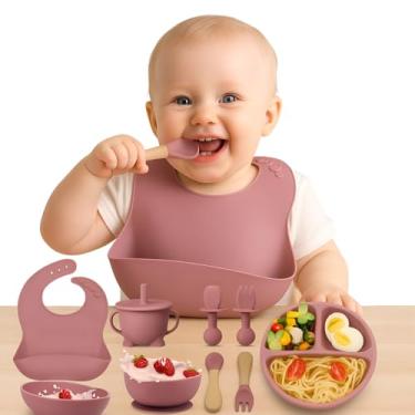 Imagem de Kit Introdução Alimentar Bebê 8 Peças 100% Silicone Antitóxico Premium, Prato + Bowl Babador Copo + + 2 Talheres Ponta Silicone Cabo de Madeira + + Tampa com Canudo + 2 Talheres (Rubi)