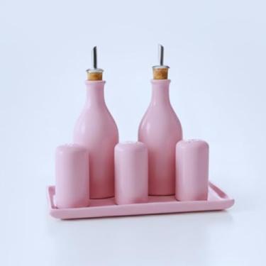 Imagem de Galheteiro Gourmet 6 Peças em Cerâmica Elegância e Organização para sua Mesa Posta,Bandeja e Bico Dosador – Porta Azeite, Vinagre, Sal,Pimenta e paliteiro (ROSA)