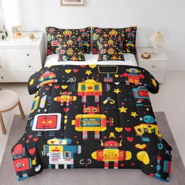 Imagem de Conjunto de cama casal com 7 peças de robô, ferramentas mecânicas inteligentes, para meninos e meninas, estrelas coloridas, coração (edredom + elástico + lençol de cima + 2 fronhas + 2 capas de