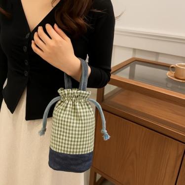 Imagem de Bolsa para copo de tecido xadrez coreano – Bolsa balde retrô de algodão e linho, bolsa portátil para garrafa de água, Verde