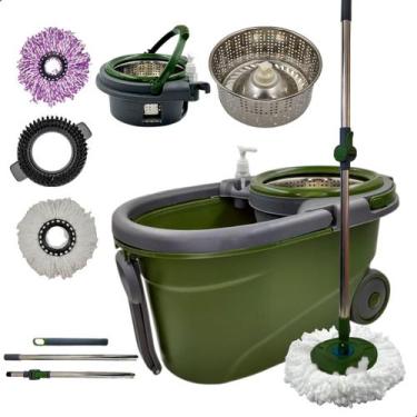 Imagem de Mop Giratório Cesto Inox Com Rodas 16L 3 Refis Limpeza Esfregão INMA E