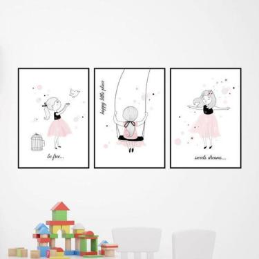 Imagem de Kit 3 Quadros Decorativos Menina, Balanço E Pássaro