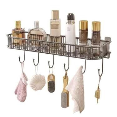 Imagem de Rack de armazenamento de chuveiro organizador de prateleira de parede com 5 ganchos, prateleiras flutuantes de aço inoxidável para banheiro e cozinha, economizando espaço sem perfuração, organizador