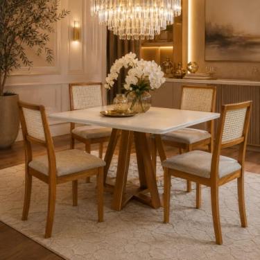 Imagem de Mesa de Jantar Tampo 120x90 MDF/Vidro para 4 Lugares Pés Madeira Maciça Pérola Mel/OffWhite