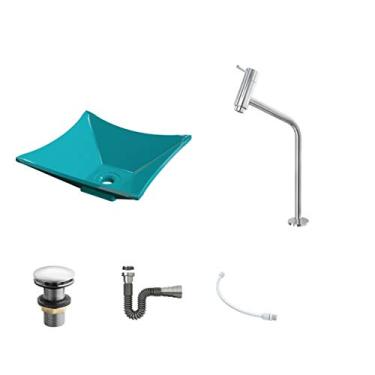 Imagem de Kit Cuba L30 C/Torneira Link 1062 Metal + Válvula Click 1''G + Sifão Cromado + Flexível Azul Turquesa