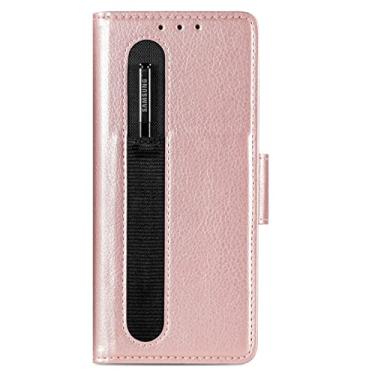 Imagem de Carteira de couro de lichia comercial para Samsung Galaxy Z Fold3 Fold 4 Fold 3 5G com suporte para caneta design capa de bolsa de telefone, ouro rosa, para Samsung Z Fold 4