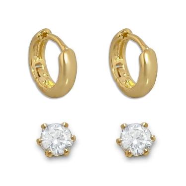 Imagem de Duo de Brincos Argola e Zircônia Cristal Banhado a Ouro 18K Semijoia
