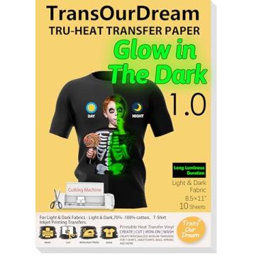 Imagem de TransOurDream-Papel de transferência de calor para camisetas com ferro luminoso (4 folhas, 21 x 28 cm) Vinil impresso que brilha no escuro para transferência de calor para impressoras a jato de tinta