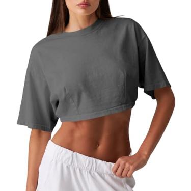 Imagem de Fisoew Camisetas femininas de algodão manga curta atléticas verão solo básico para treino, Cinza, M