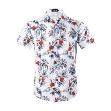Imagem de Camisa masculina havaiana manga curta 4 vias stretch casual botão para baixo tropical floral verão praia camisa estampada, Branco, azul, G