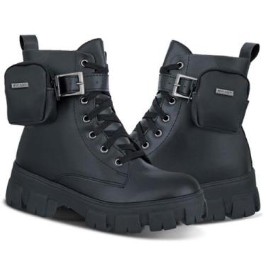 Imagem de Bota Coturno Feminino Preto Cano Médio Tratorada Bag Bolsinha Lateral 