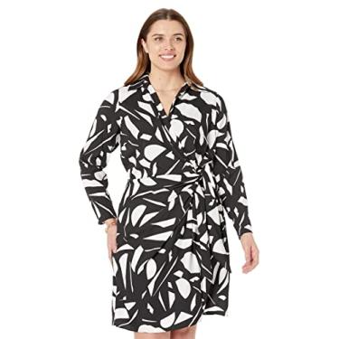 Imagem de London Times Vestido feminino Petite Geo estampado, acima do joelho, com laço e gola, Preto/branco macio, 52