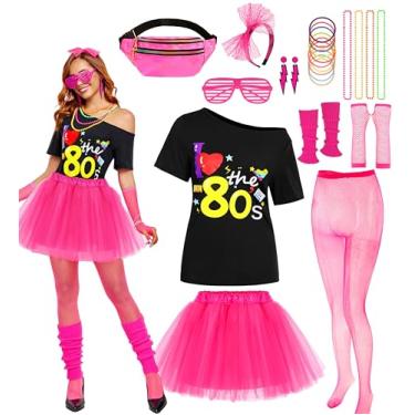 Imagem de Neilyoshop Fantasia feminina anos 80 retrô hop hip set camiseta curta tutu saia colar para cosplay de Halloween, Vermelho, X-Large