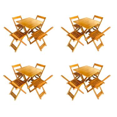 Imagem de  Kit 4 Conjuntos de Mesas Dobráveis 70x70 em Madeira Maciça para Restaurantes com 4 Cadeiras