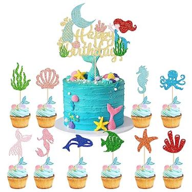 Imagem de Gyufise 31 peças de enfeite de cupcake de sereia feliz aniversário topo de bolo de sereia glitter estrela do mar concha de sereia decorações de bolo para chá de bebê crianças decorações de bolo de