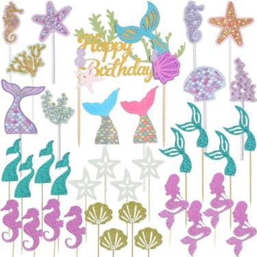 Imagem de Wootkey Glitter Mermaid Theme Birthday Cake Topper Under the Sea Party Supplies Cake Decoration Cupcake Toppers 36 pcs Mermaid Tail