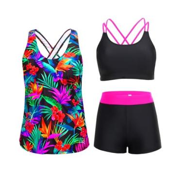 Imagem de Holipick Tanquíni feminino de 3 peças, controle de barriga, regata com sutiã, shorts para meninos e adolescentes, Folhas coloridas, GG
