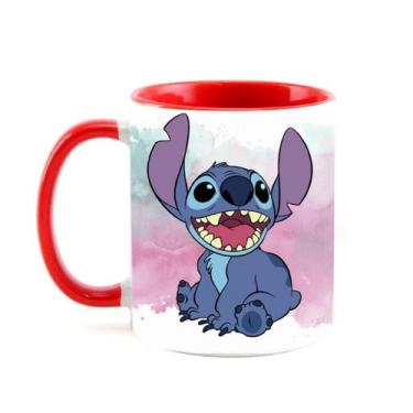 Imagem de Caneca Porcelana Alça Colorida Stitch Feliz 325ml Resistente - Impacta