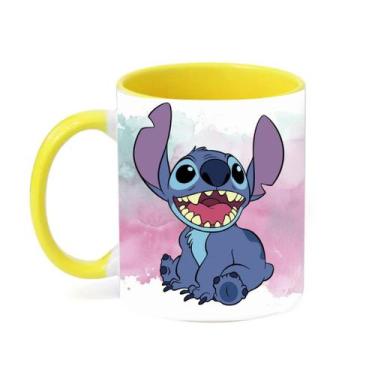 Imagem de Caneca Porcelana Alça Colorida Stitch Feliz 325ml Resistente - Impacta