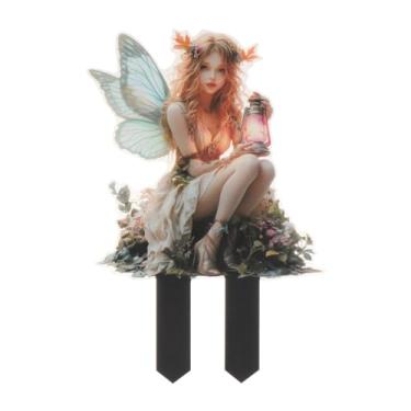 Imagem de Baoblaze Estaca de jardim para decoração de vasos de plantas, estaca decorativa 2D à prova d'água, placa de jardim para pátio, quintal, frontal, Fada com Lâmpada