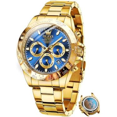 Imagem de OLEVS Relógios masculinos dourados automáticos, clássicos, de aço inoxidável, calendários, luminosos, à prova d'água, para homens, 6638: Pulseira dourada e mostrador azul, Luxuoso