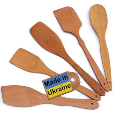 Imagem de Colheres de madeira antiaderentes para cozinhar - 5 utensilios de cozinha premium de madeira dura - Conjunto de espatula de madeira saudavel e natural - Colher de madeira de cabo longo forte e solida e espatulas por Ecosall