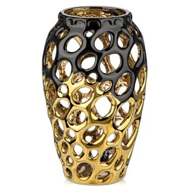 Imagem de Vasos pretos e dourados para centros de mesa, vaso de flores de cerâmica vazado de 22 cm, vaso decorativo de grama, pampas, dourado, decoração de mesa para casa, sala de estar, sala de jantar, quarto,