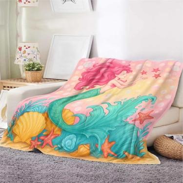 Imagem de Cobertor de sereia rosa para meninas – Cobertor de lã macia com tema do oceano com conchas e estrela do mar – Cobertor fofo para sofá, cama, viagem – Presente de decoração de vida marinha costeira