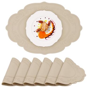 Imagem de yuuzue Jogo americano de silicone, conjunto de 6, jogo americano oval, resistente ao calor, impermeável, limpável, antiderrapante, protetor de mesa para cozinha vintage para ambientes internos e