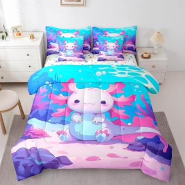 Imagem de Jogo de cama solteiro com axolote náutico, 7 peças, cama costeira marinha em uma bolsa para decoração de quarto fofo, para crianças, meninos, adolescentes, lençol de cima com edredom, azul e rosa
