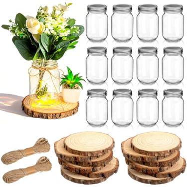 Imagem de Honeydak 12 conjuntos de vasos transparentes para centros de mesa, vasos de garrafa de vidro vintage de 12 cm para flores, fatias de madeira, porta-copos de disco de madeira, decoração de mesa de